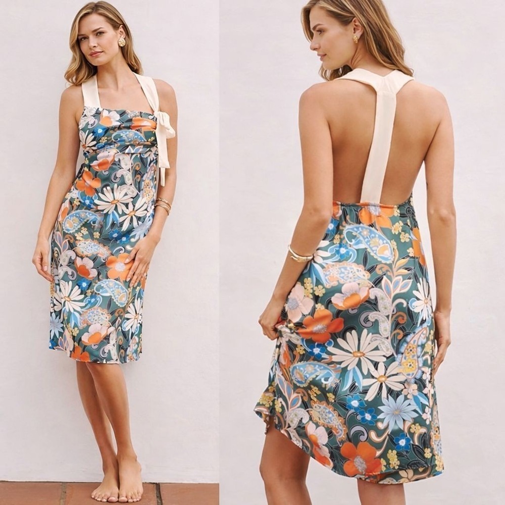 ANTHROPOLOGIE CELANDINE New Floral Knee Dress LARGE Halter Sundress‎ Multicolor